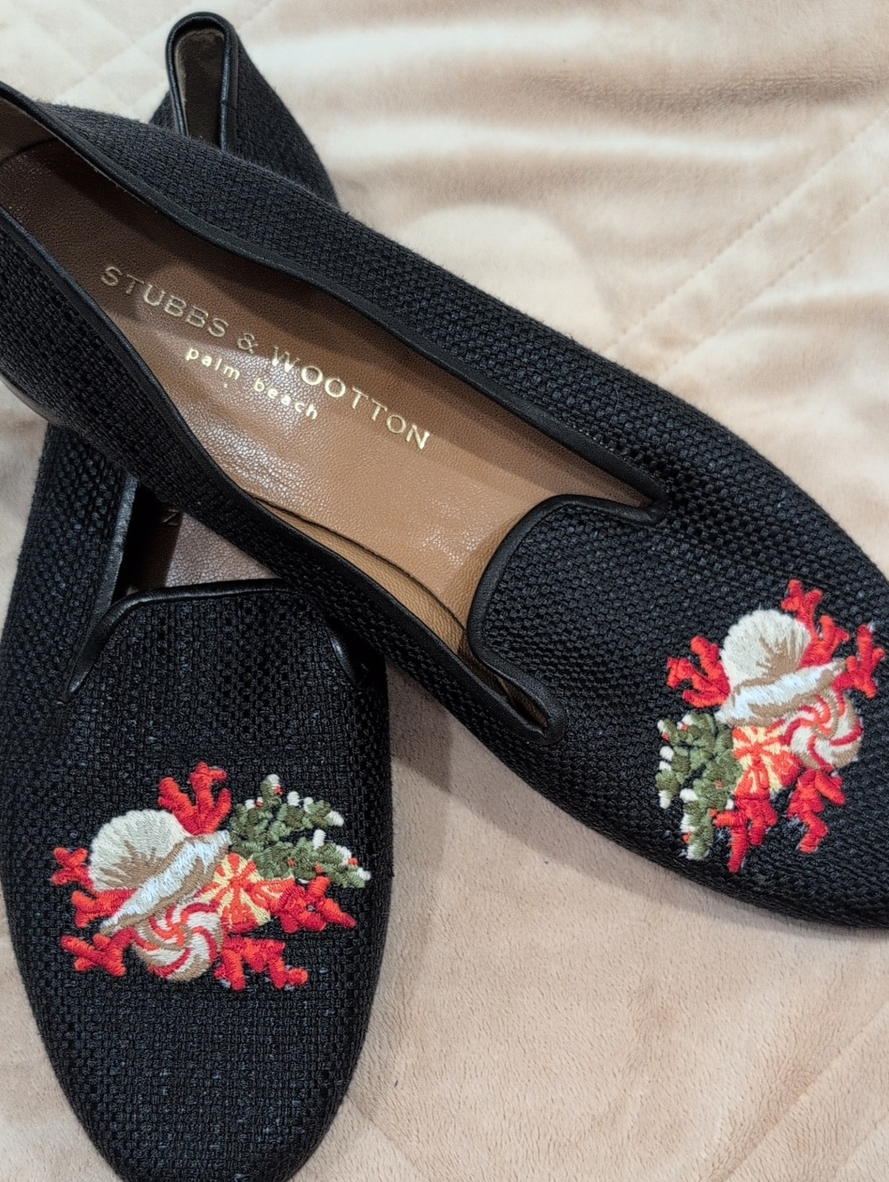 Stubbs & Wootton Black Embroidered Coral & Shell Loafers